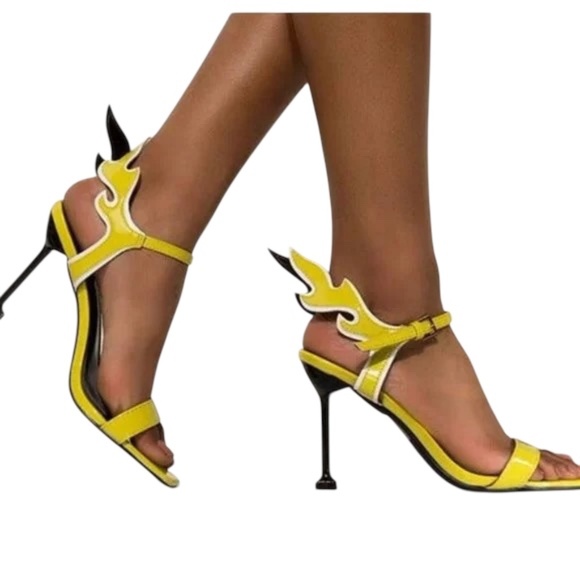 NEW Cape Robbin Inferno Flame Accent Stiletto Heels Open Toe Sandals Neon Yllow - Picture 2 of 9